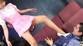 Maid uses her high heels to beat up a feeble man - porn video