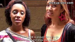 Two european babes gets convinced and paid for threesome sex - porn video