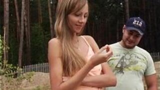 Young girl showing tits in the forest - porn video